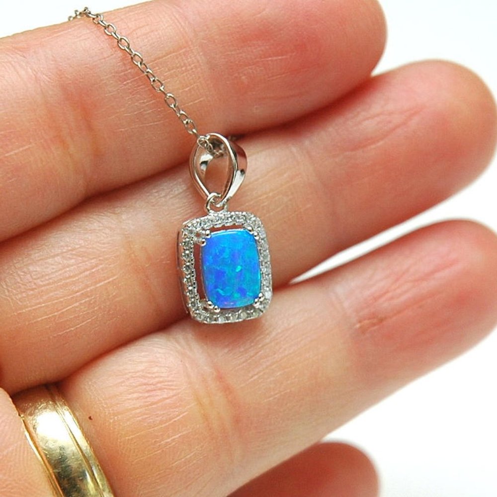Emerald Cut Opal Pendant Blue/White Opal - Picture 3 of 4